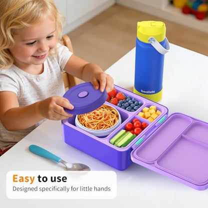 Bento Box for Kids, Lunch Box with Sticker and Leak-Proof Vacuum Food Jar, 4 Compartment BPA-Free Toddler Bento Box for School, Machine-Washable and Removable Compartments for Boy(Purple) - color: Purple