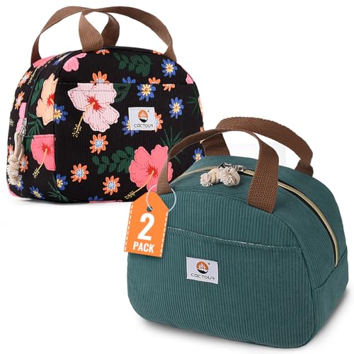 CaCTOUR Lunch Box for Women Girls Teens,Cute Lunch Box Cooler Bag, Portable Insulated Small Lunch Bag Women Reusable Corduroy Lunch Tote for Work/Travel/Picnic/School (Flower/Lake Green,Small) - color: E-Flower/Lake Green, size: Small