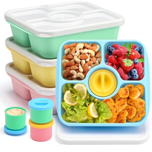 QQKO Bento Snack Box Containers for Adults Kids, 4 Pack Lunchable Meal Prep Containers Reusable, Stackable Bento Lunch Box, Food Storage Prep Containers with 4 Sauce Cups, Pastel Color, White Lid - color: Pastel, White Lid