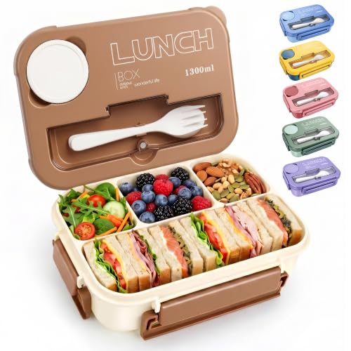 Bento Box Adult Lunch Box, Lunch Containers for Adults 44.5 Oz/5 Cup, Khaki | BPA-Free, Lid-Top Sauce Tray, Leak-Proof, 1300mL, Removable Silicone Sealing Ring, Lid-Top Utensil Slot with Included Cutlery - color: Khaki