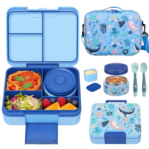 Kids Bento Lunch Box Set with 9.5oz Soup Thermo, Leak-Proof Lunch Food Containers with 3 Compartment and Removable Inner Tray, Insulated Hot Food Jar with Lunch Bag for School, Office, Sea Blue - color: Sea Blue