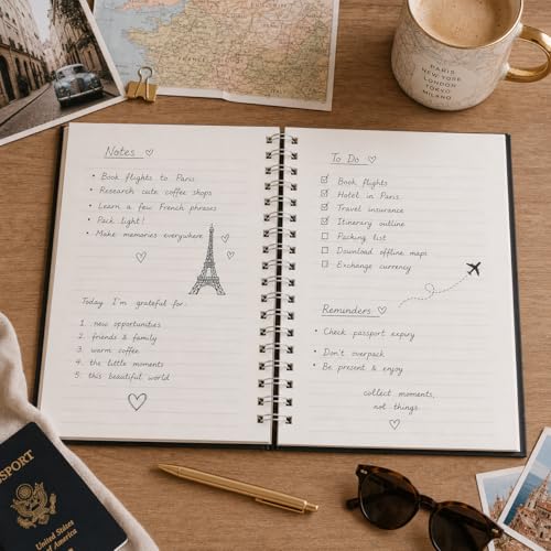 Pearhead City Travel Spiral Notebook, New York Milan Paris Departures Board Hardcover Journal – 100 GSM Thick Lined Pages, UV Spot Gloss Cover, Lay Flat Double-Coil Binding, Wanderlust Gift, 8x10.5 - color: Black & White City Notebook