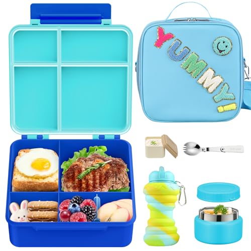 Bento Lunch Box with 10oz Soup Thermo for Kids Insulated Lunch Bag & Foldable Silicone Cup Food Leak Proof Food Container with 5 Compartment for Kid to Shool Travel