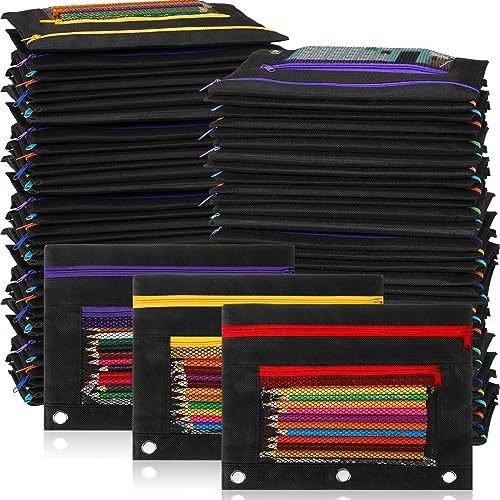 Zhehao 100 Pcs Zipper Binder Pencil Pouches:3 Ring Binder Pencil Pouches with Zipper Window Bulk Clear Pen Bags Case for Office School Classroom Supplies(Double Layer with Mesh Layer,Black) - color: Black, style: Double Layer With Mesh Layer