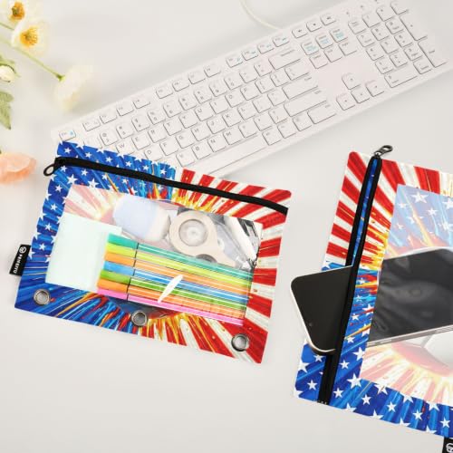 Gredecor 3 Ring Binder Pencil Pouch, American Flag Soccer Ball Zippered Pen Case Pouches with Clear Window, 2 Pack Stylish Office & School Supplie - color: American Flag Soccer Ball