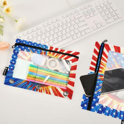 Gredecor 3 Ring Binder Pencil Pouch, American Flag Soccer Ball Zippered Pen Case Pouches with Clear Window, 2 Pack Stylish Office & School Supplie - color: American Flag Soccer Ball