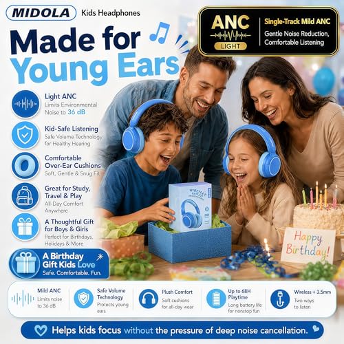 MIDOLA Kids Wireless Headphones Active Noise Cancelling Lightweight Bluetooth Headphone for Kid,Volume Limited 85/94dB Foldable Over-Ear Headset with Mic,68 Hours Playtime,for Toddler Child Blue - color: Blue