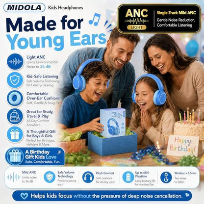 MIDOLA Kids Wireless Headphones Active Noise Cancelling Lightweight Bluetooth Headphone for Kid,Volume Limited 85/94dB Foldable Over-Ear Headset with Mic,68 Hours Playtime,for Toddler Child Blue - color: Blue