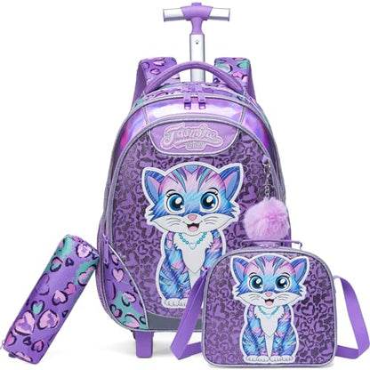 Kids Rolling Backpack for Girls Cat Trolley Suitcases Luggage with Wheels Bookbag Wheeled 3pcs on Lunch Box Pencil Case Elementary Teenagers Purple for Girls Age 5-12 - color: Purple-0130-maomi