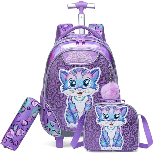 Kids Rolling Backpack for Girls Cat Trolley Suitcases Luggage with Wheels Bookbag Wheeled 3pcs on Lunch Box Pencil Case Elementary Teenagers Purple for Girls Age 5-12 - color: Purple-0130-maomi