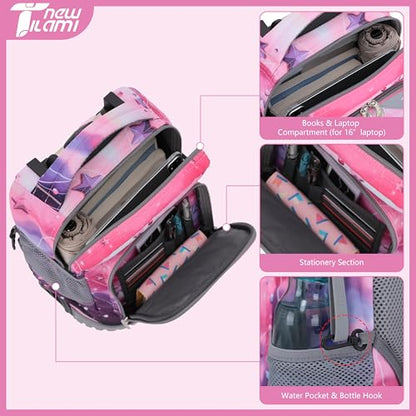 NEW TILAMI 16 Inch Rolling Backpack with Lunch Bag for Kids Adjustable Handle Carry-on Suitcase Wheels for Girls Boys School Travel Camping, Pink - Purple Galaxy - color: Pink - Purple Galaxy