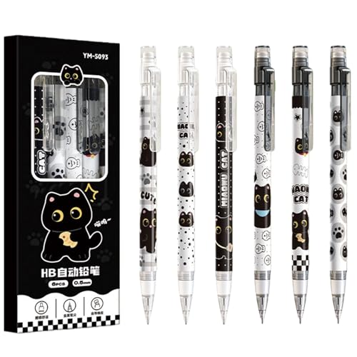 MOZXIRZ 4 Pcs Cute Mechanical Pencils with Eraser 0.5mm Cartoon Cat Mechanical Pencil School Pencil for Women (6pcs Cat) - color: 6pcs Cat