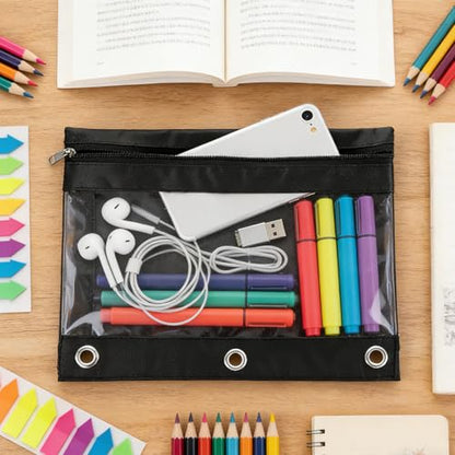 30Pack 3 Ring Binder Pencil Pouch with Zipper Black, Clear Window Pen Holder Case for Office, and Home Organization, Waterproof Oxford Fabric, Fits Standard 3 Ring Binders