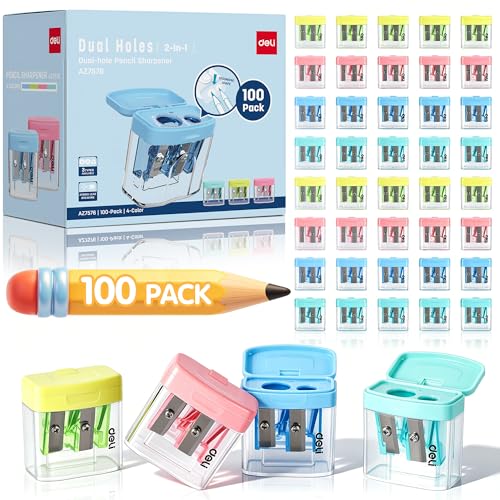 Deli Pencil Sharpener, 100 Pack Pencil Sharpeners Manual, Dual Holes Compact Colored Handheld Pencil Sharpener with Lid for Kids, School, Office - size: 100 Pack