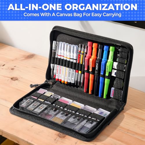 Nicpro 44Pcs Carpenter Pencil with Sharpener, Carpenter Tool in Canvas Case | 169 Refill,Carpenter Pencil Set with 6 Deep Hole Long Nib Marker Pen, Scribe Tool, Construction Pencils for Architect Marking - size: 44 Pack