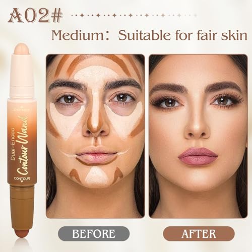 Contour Highlighter Stick，2-in-1 Dual-Ended Cream Bronzer & Highlighter Sticks Pen for Face Body Contouring Makeup- Buildable，Waterproof, Easy to Apply Suitable for Beginners，02Nude + Light Beige - color: A02#Medium