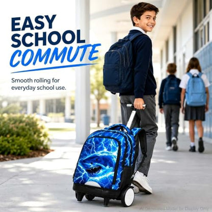 3Pcs Large Rolling Backpack for Boys, 20 Inch Detachable Wheeled Bookbag with Lunch Box, Durable Lightning Shark Roller Backpack for Elementary Middle School (Blue) - color: Large Wheels Shark Blue