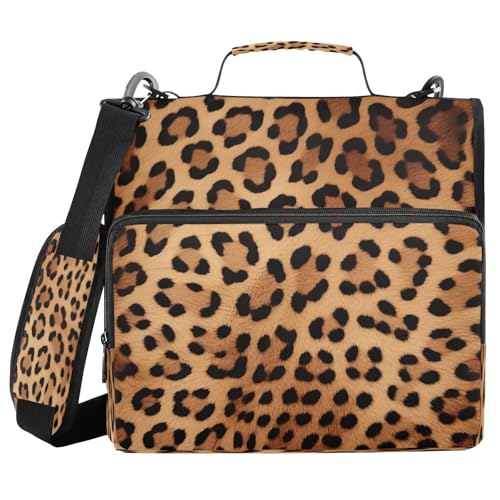 Leopard Print Waterproof Zipper Binder with Shoulder Strap, 3-Ring Trapper Keeper with Lay-Flat Design and Multiple Compartments for School & Office, Adults & Kids