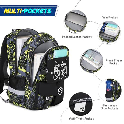 Scothen Boys Backpack, Cool Luminous School Backpacks for Boys with Lunch Bag Pencil Case, Kids Backpack Kindergarten Elementary Middle School Book Bags for Teen Boys Children with USB Charging Port - color: Yellow Graffiti