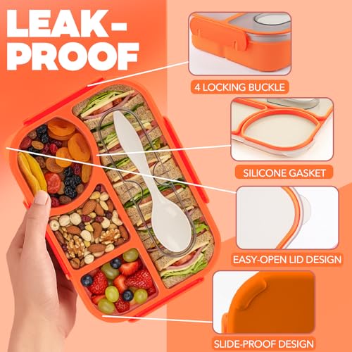 Bento Box for Adults,4 Compartments Lunch Box, Snack Containers Reusable Lunch Containers Drop-Proof, Dishwasher Safe & Made with BPA-Free Materials, Orange - color: Orange