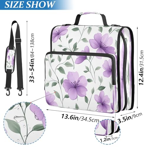 Kigai Purple Flowers 3 Ring Zipper Binder with Handle & Shoulder Strap Trapper Keeper Expanding File Multiple Pockets Binder Organizer