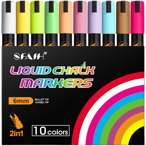SFAIH 10 Pastel Liquid Chalk Markers [1s Wet Wipe] - No Residue, 6mm Reversible Tip, Chalk Marker for Blackboard, Calendar, Windows, Glass, Stores, Signs, Zero Dust, Ideal for Bistro Home - color: 10 Pastel