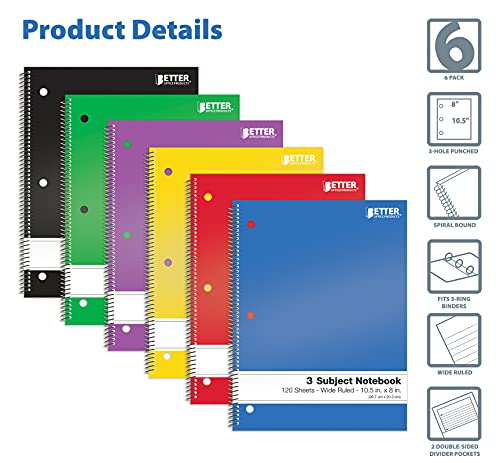 Better Office Products Spiral Notebooks 3-Subject, Wide Rule, 120 Sheet Notebook with Sturdy Pocket Dividers, 10.5 x 8 inches, 6 Assorted Primary Colors, 6 Pack