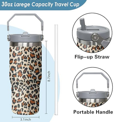 Queen Hero 30 oz Leopard Tumbler with Handle, Large Insulated Tumbler with Flip & Straw Coffee Mug Cup Stainless Steel Gifts for Women Men Youth - color: Leopard