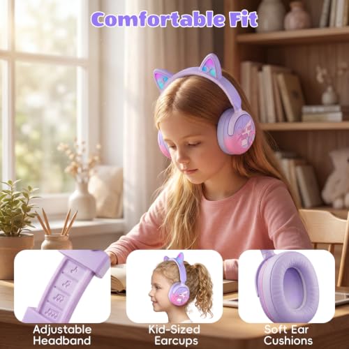 Candy Bila Kids Bluetooth Headphones with LED Cat Ears, Active Noise Cancelling Headphones, 85dB Safe Volume, 40H Play Time, Bluetooth 6.0, Built-in Mic for iPad/Tablet/Airplane, Purple - color: Purple