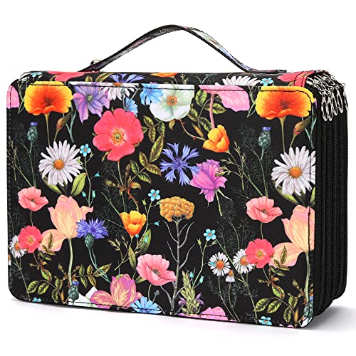Vomgomfom 252 Slots Pencil Bag, 5-Layer Zipper Art Supply Organizer, PU Leather Portable Colored Pencil Case with Handle for 252 Watercolor Pens, Gel Pens (Black Flower) - color: E Black Flower, size: 252 Slots