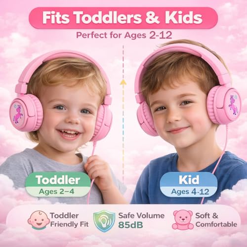 K6 Kids Headphones for Toddler & Kids Ages 2-12, 85/94dB Safe Volume Limited, Wired with 3.5mm Jack, HD Microphone, Adjustable & Foldable, On-Ear Headphones for Tablet, School, Travel, iPad - color: Pink