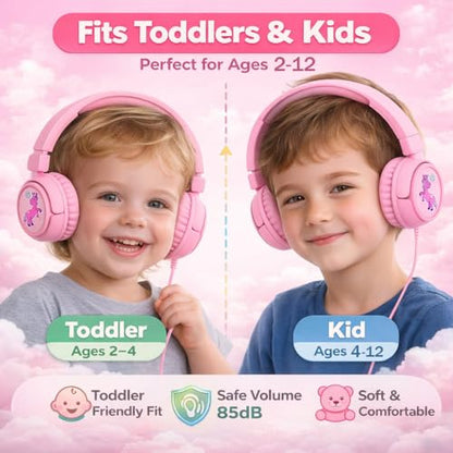 K6 Kids Headphones for Toddler & Kids Ages 2-12, 85/94dB Safe Volume Limited, Wired with 3.5mm Jack, HD Microphone, Adjustable & Foldable, On-Ear Headphones for Tablet, School, Travel, iPad - color: Pink