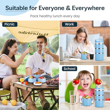 Lille Home Stackable Stainless Steel Thermal Compartment Lunch/Snack Box, 3-Tier Insulated Bento/Food Container with Lunch Bag and Three Extra Seals, 43OZ (Blue) - color: Blue