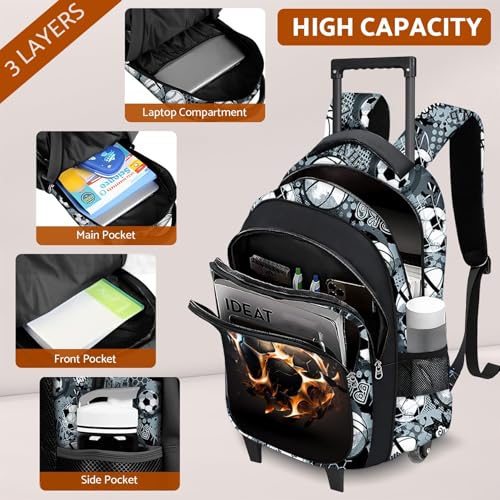 Boys Rolling Backpack for Kids - Soccer Kids Rolling Backpack with Wheels for Elementary Middle School Students - Sport Roller School Bookbag Aged 6-18, Wheeled Travel Bag Large Capacity - color: Soccer-002-backpack Only