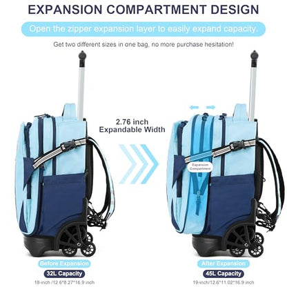 NEW TILAMI 18 Inch Expandable Rolling Backpack with 6-Wheel Stair Climbing, Waterproof Wheeled School Bag with 15.6" Laptop Sleeve for Boys Girls, Carry-on Luggage 98cm Dual-Height Handle - Sky Blue - color: Sky Blue