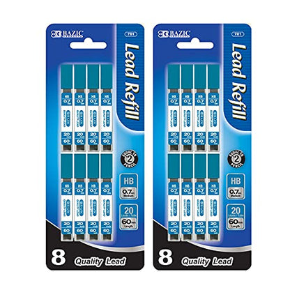 BAZIC PRODUCTS 0.7mm HB Pencil Lead Refills, 8 Tubes x 20, 2-Pack | 0.7 mm HB lead, 160 pieces in 8 tubes, Break-resistant, fits standard 0.7 mm pencils, school, office, N Pieces (total) - size: 1 Count (Pack of 2)