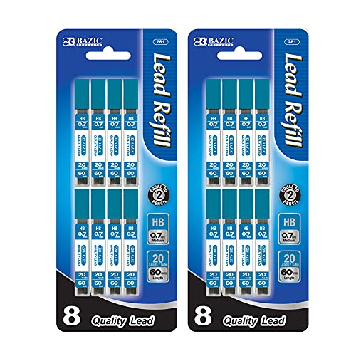 BAZIC PRODUCTS 0.7mm HB Pencil Lead Refills, 8 Tubes x 20, 2-Pack | 0.7 mm HB lead, 160 pieces in 8 tubes, Break-resistant, fits standard 0.7 mm pencils, school, office, N Pieces (total) - size: 1 Count (Pack of 2)