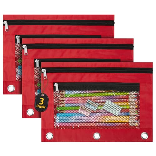 3 Pack Pencil Pouch for 3 Ring Binder Bulk Binder Pouch with Zipper for Classroom Box Pencil Case for Storing School Students Teacher Supplies,Red - color: Red