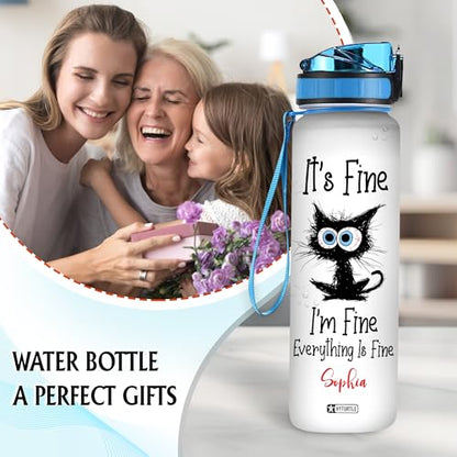 Hyturtle Personalized Black Cat Water Bottle - 32oz Motivational Water Bottle with Leak-Proof Lid & Time Marker - Custom Name Gift for Black Cat Lovers, Women, Girls - Birthday & Christmas Gift - color: Cat