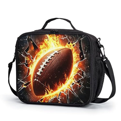 Fire American Football Lunch Box for Boys Girls Black Lunch Bag with Shoulder Strap for Kids Teens Durable Large Capacity Insulated Lunchbox Thermal Meal Bag for School Picnic - color: A-S-American football