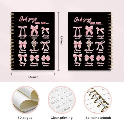 VONTP Bible Black Bow Christian Notebook Journal for Women, 5.5 x 8.3 Inch | Christian Girl Energy Journal, Christian Study Notebook, Cute Preppy Bible Study Spiral Notebook for Bible Notes - color: 001-Black