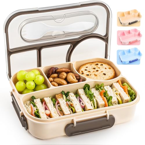 EASYFUN Bento Box Adult, Lunch Box, 4-Compartment Lunch Containers, Drop-Proof, Dishwasher Safe & Made with BPA-Free Materials(Khaki) - color: Khaki