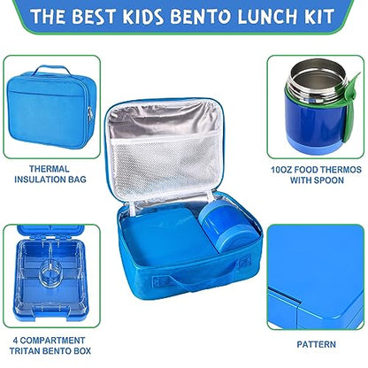Pawtong Bento Lunch Box Set With 10oz Soup Thermo, Leak-proof Lunch Containers with 4 Compartment, Kids Hot Thermo Food Jar/Insulation Lunch Bag, Food Containers for School （Blue） - color: Blue