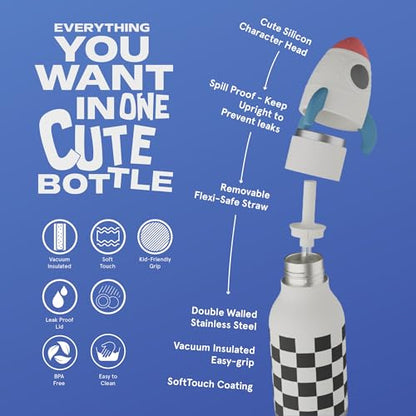 asobu Bestie Bottle Insulated Stainless Steel Water Bottle with Detachable Soft Animal Head Fun Drinking For Kids and Teens with Flexible Reusable Straw 16 Ounce - color: Rocket Bottle