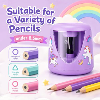 homicozy Electric Pencil Sharpeners for Kids, Cute Small Pencil Sharpener for Home Classroom, Battery Pencil Sharpener Electric Plug in, with Erasers DIY Stickers Note Pad (Purple Battery) - color: Purple Battery