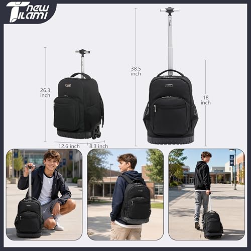 NEW TILAMI 18 inch Rolling Backpack for Kids - Waterproof, Stair-Climbing, Durable, Personalized Design for School, Travel, Black - color: Black