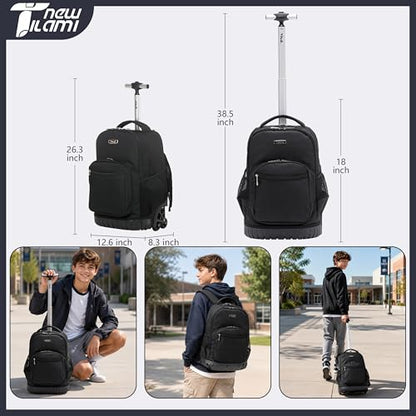 NEW TILAMI 18-Inch 6-Wheel Rolling Backpack for Kids, Black | Height-Adjustable Trolley Handle Padded Back Panel Adjustable Shoulder Straps Multiple Compartments - color: Black
