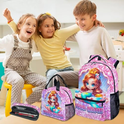 COZYAURA Personalized Mermaid Backpack for Girls with Custom Name - 3-Piece School Bag Set with Insulated Lunch Box & Pencil Case for Kindergarten & Elementary Students - color: Blue