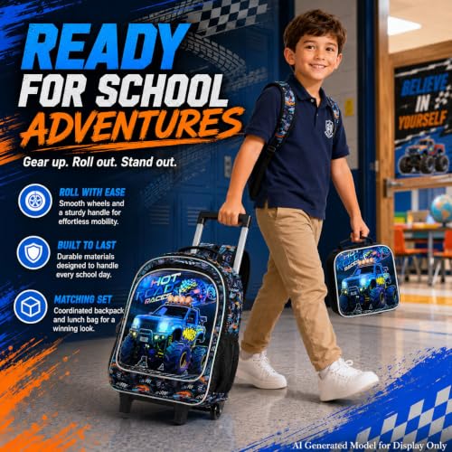 CCJPX 3Pcs Truck Rolling Backpack for Boys, 18" Kids Wheeled Bookbag with Lunch Box, Lightweight Roller School Bag for Elementary Preschool(Black) - color: Blue Truck