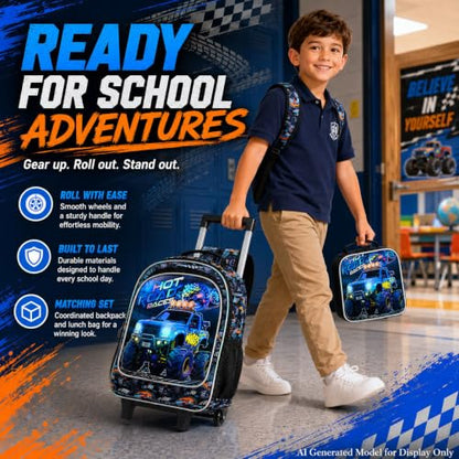 CCJPX 3Pcs Truck Rolling Backpack for Boys, 18" Kids Wheeled Bookbag with Lunch Box, Lightweight Roller School Bag for Elementary Preschool(Black) - color: Blue Truck
